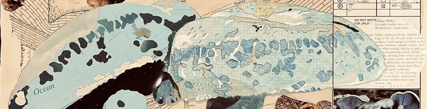 blue mushroom with stem and cap in foreground with beige mining illustrations in background