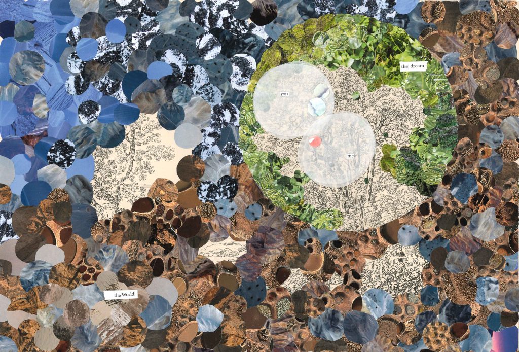 collage image composed of many small circles. The upper left is primarily blue, the rest of the image is primarily brown with text in the lower left corner that says "the world". There is a large green circle with the text "the dream" containing two smaller white circles, one of which says "you" and the other says "me" and they contain a small blue and two small pink circles.