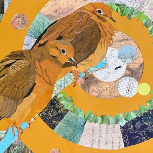 Birds of Passage, 2023, Mixed media drawing and collage, 23.25 inches x 35 inches large scale illustration of two mourning doves on a branch with concentric circles collaged in the background