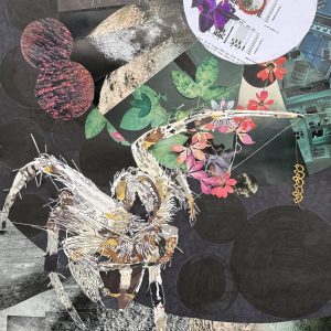 Colonial Orb Weaver, 2024, Mixed media drawing and collage, 24 inches x 18 inches Mixed media drawing and collage showing a colonial orbweaving spider taking its web down during an eclipse.