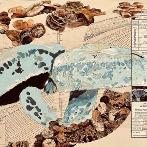 Indigo Milky, 2023, Mixed media drawing and collage, 12.25 inches x 16.75 inches blue mushroom with stem and cap in foreground with beige mining illustrations in background