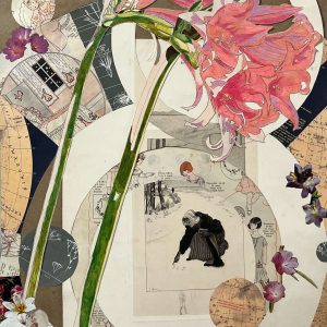 Resurrection Lily, 2023, Mixed media drawing and collage illustration of pink lily with green stem in foreground collaged onto circles showing illustration of women from vintage clothing advertisements.