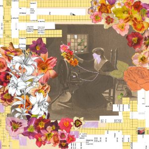 Roving, 2016, Mixed Media Collage, 13.25 inches x 10.5 inches Collaged image with yellow ledger paper and white document paper woven into a frame around the outside. The upper right and lower left corners have collaged red, pink, and orange flowers. In the center is an illustration of a woman working at a spinning wheel. She is spinning the flowers into thread. Her face has been replaced by a purple star-scape.