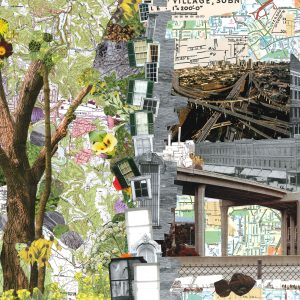 “Shouting out an open window between worlds”, 2016, Mixed media collage, 11 inches x 17 inches collage composed of a tree with a green and floral background made with topographical maps on the left and highways, buildings, and street maps on the right. There is a line of windows running down the center of the image from top to bottom