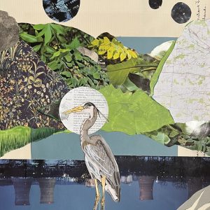 Susquehanna, 2023, Mixed media drawing and collage, 17.5 inches x 12.5 inches blue heron perched on a branch with collaged greenery in the background denoting mountains with a blue river below it and collaged panoramic image of Three Mile Island inverted as if reflected in the water