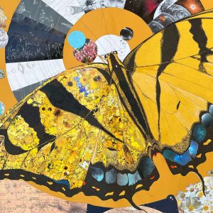 Swallow Tail, 2023, Mixed media drawing and collage, 23.25 inches x 35 inches large format drawing of a yellow swallowtail butterfly with collaged imagery in the background on yellow paper