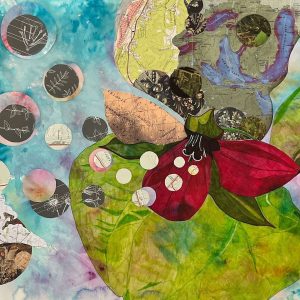 Wake Robin, 2023, Mixed media drawing and collage, 18 inches x 24 inches red trillium flower on a water color background with collages circles emerging from the flower